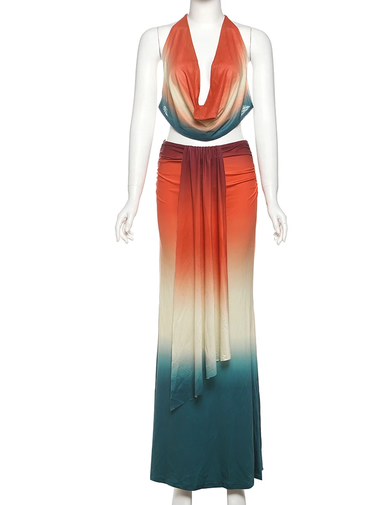 Whatiwear Colorful Patchwork 2 Piece Set Women Sexy See Through Halter Tank Tops+Ruched Stretch Maxi Skirts Club Fashion Outfits