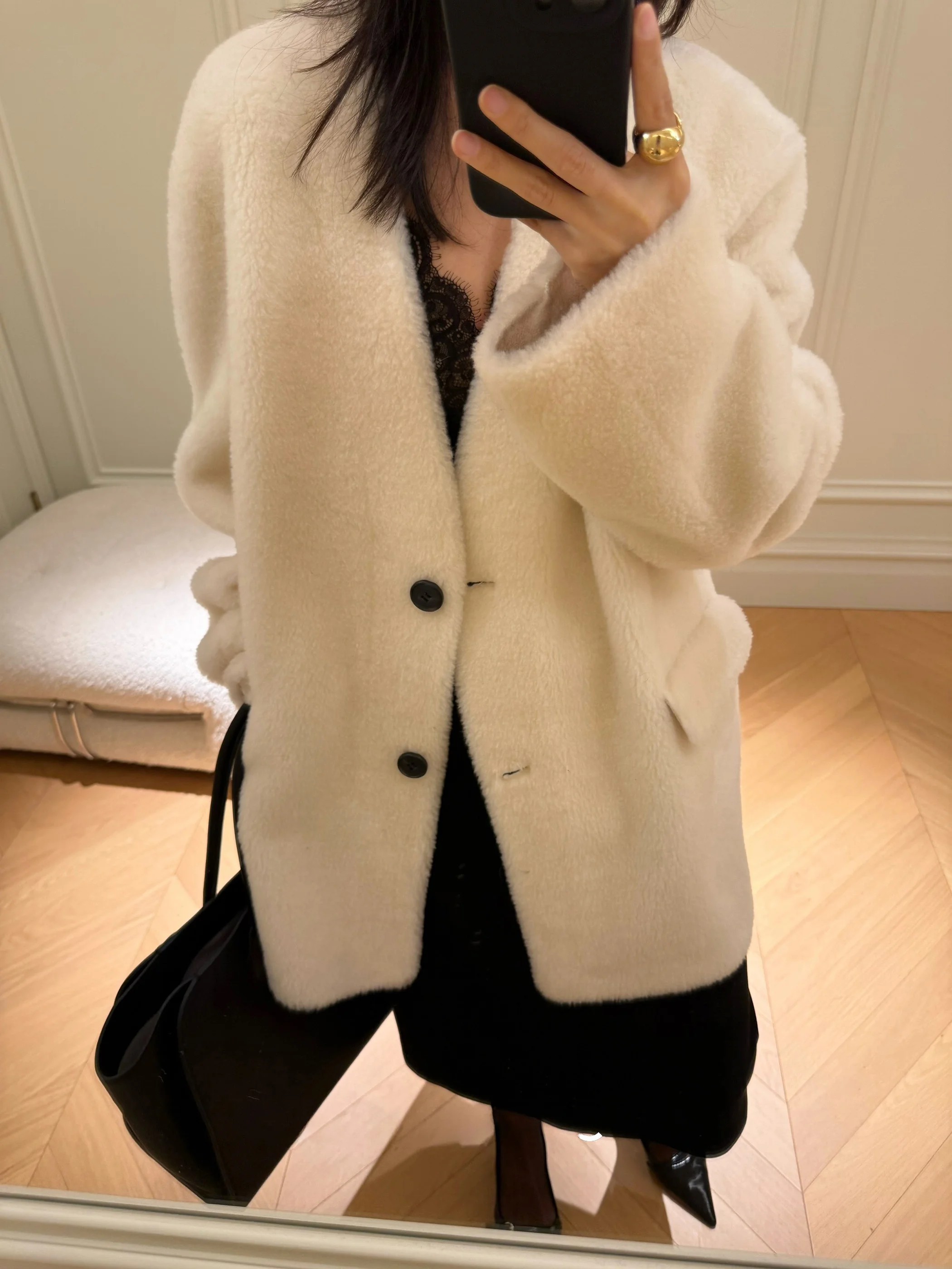 Casaco de Lã DALII OFICIAL para Mulheres, Com Detalhes em Couro e Lã, Casual, Com Botões e Manga Longa