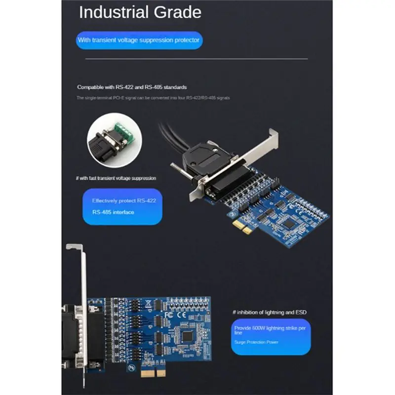 AAAE PCI-E to RS485/422 Expansion Card Industrial-Grade Serial Card Converter with Voltage Suppression Protector,2 Ports