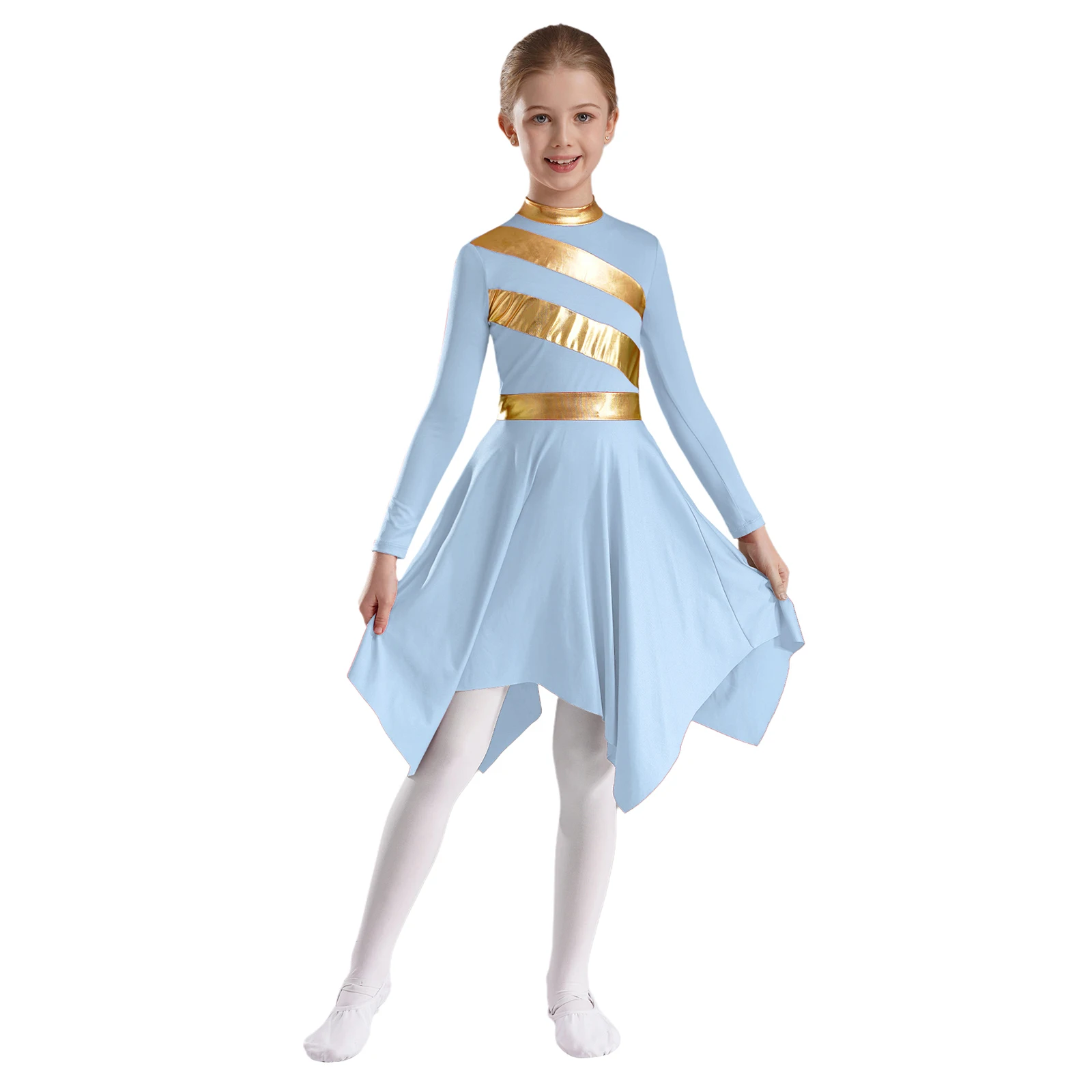 #6-16 Girls Praise Worship Modern Dance Dresses Metallic Shiny Patchwork Long Sleeve Asymmetrical Hem for Stage Performance Wear