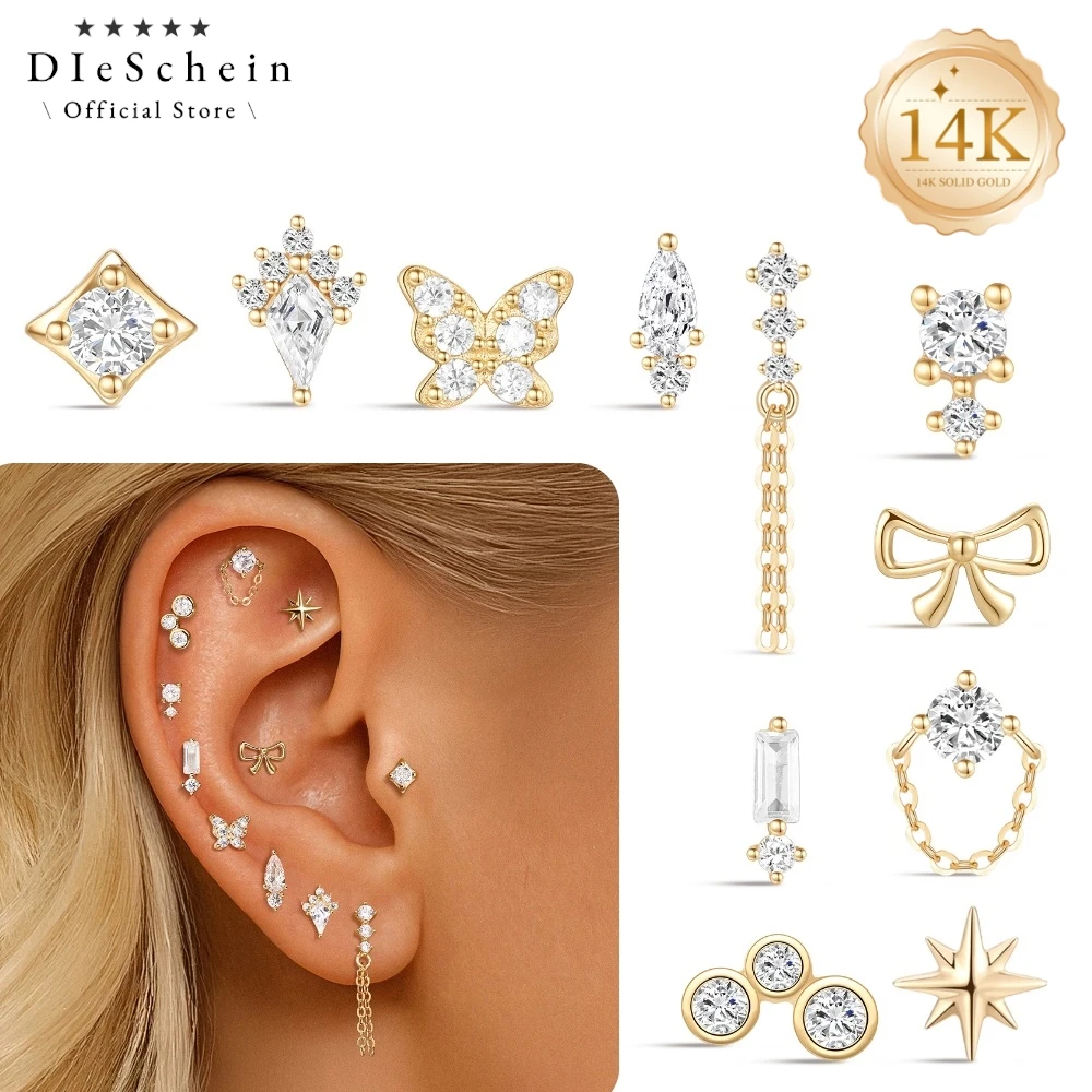 

DIeSchein 14k Solid Gold Piercing Earring Women Cartilage CZ Flat Back Earrings for Piercing Cartilage Hoop Earrings Jewelry