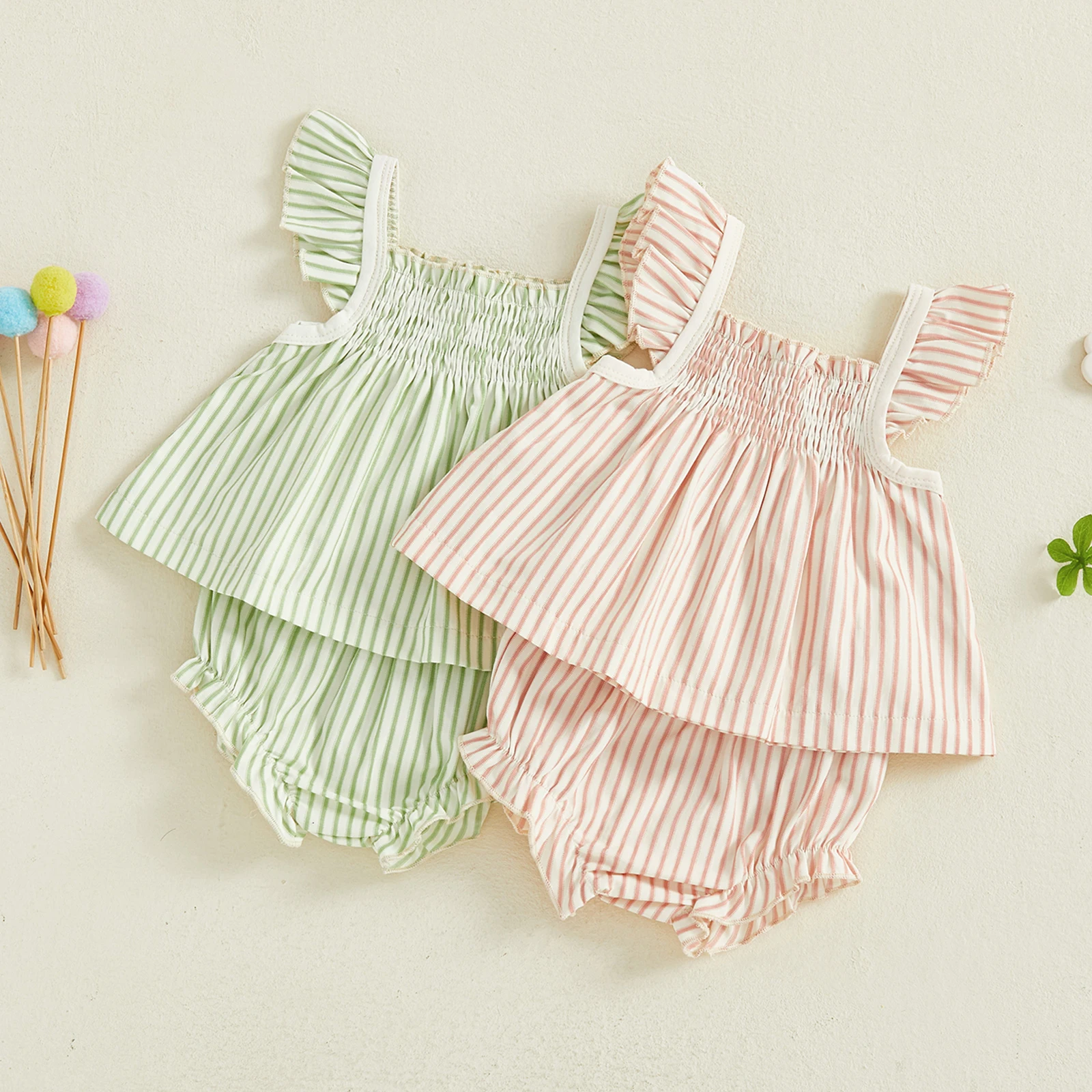 3-24 متر الرضع طفل الفتيات الصيف 2 قطعة وتتسابق تحلق كم مخطط ألف خط القمم PP السراويل مجموعات #2