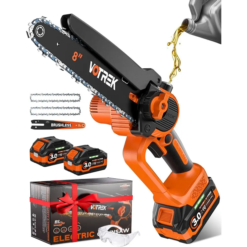 

8-Inch Cordless Mini Chainsaw, 2x3.0Ah Batteries, Electric Saw with 2 Chains, Brushless Motor, Auto Oiler, Tool-Free Tensioner f
