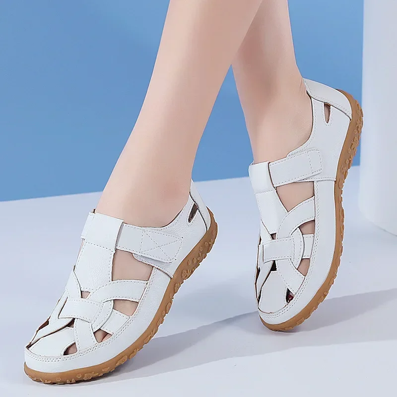 Women Casual Sandals Summer Genuine Leather Hollow Flat Sandals Comfortable Round Head Closed Toe Beach Shoes Sandalia Feminina