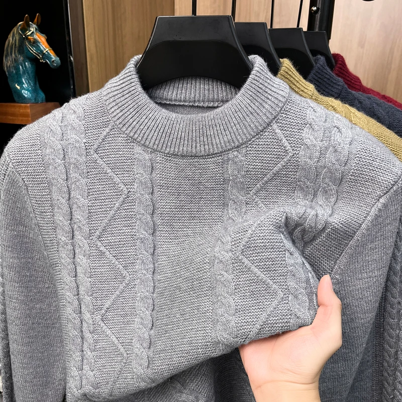 Fashion jacquard knitted thicken sweater men's high-quality new winter warm pullover comfort casual round neck solid color top