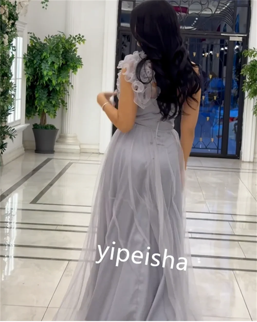 Customized Unisex Organza Ruched A-line One-shoulder Long Dresses Evening Dresses Chinese Style Formal Casual Simple Retro Fashi