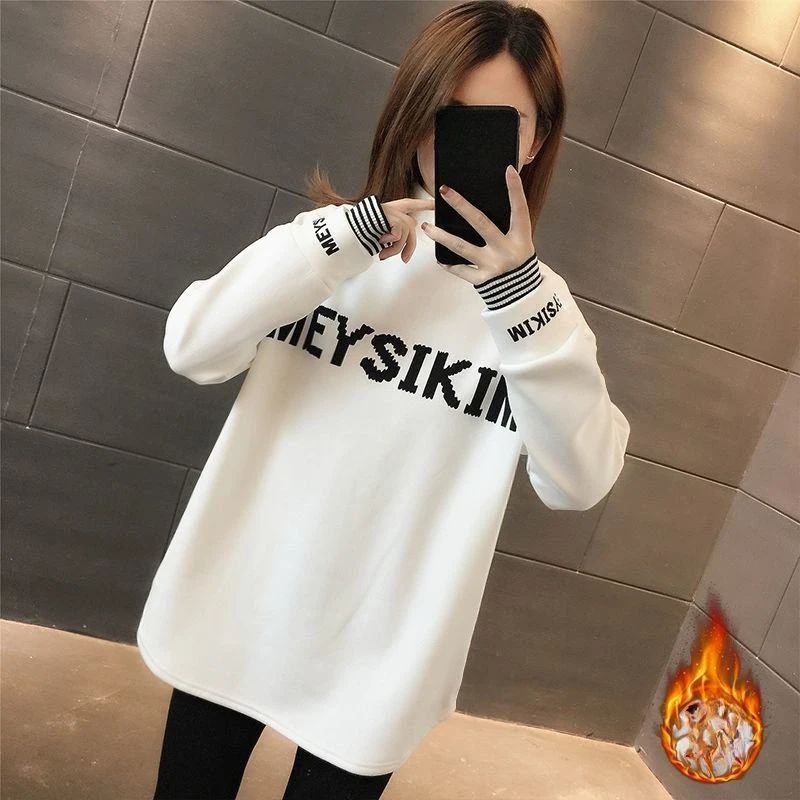 harajuku letter print Thicken women Long Sleeve T shirt autumn Winter casual oversized T-shirts warm Velvet y2k Tops streetwear