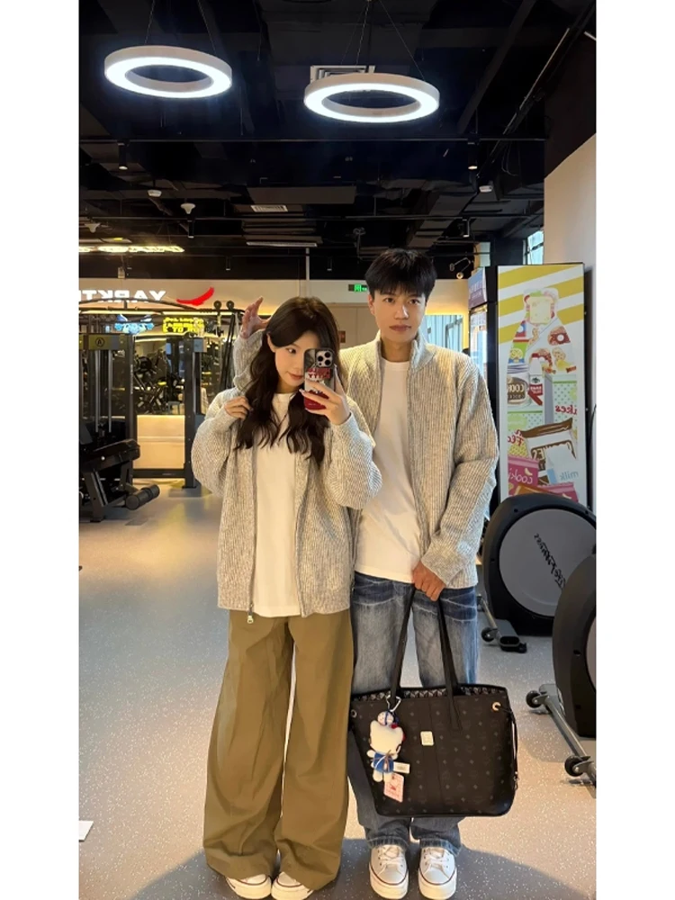 

Weere ey Floral High Collar Open Cardigan Knitted Sweater Men's Casual Loose Zipper Couples Outerwear Autumn Season