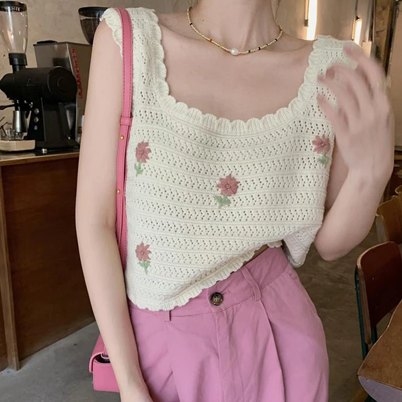 

Women Knitted Hollow Out Flowers Embroidery Tank Top Summer Sleeveless Camisole