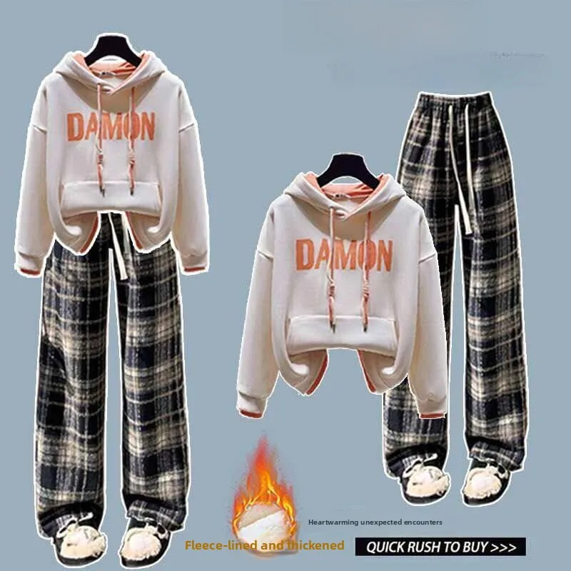

Thickened Fleece Hooded Sweatshirt Set Women's Autumn Winter Plaid Wide Leg Pants Casual Sports Two-Piece Set College Style