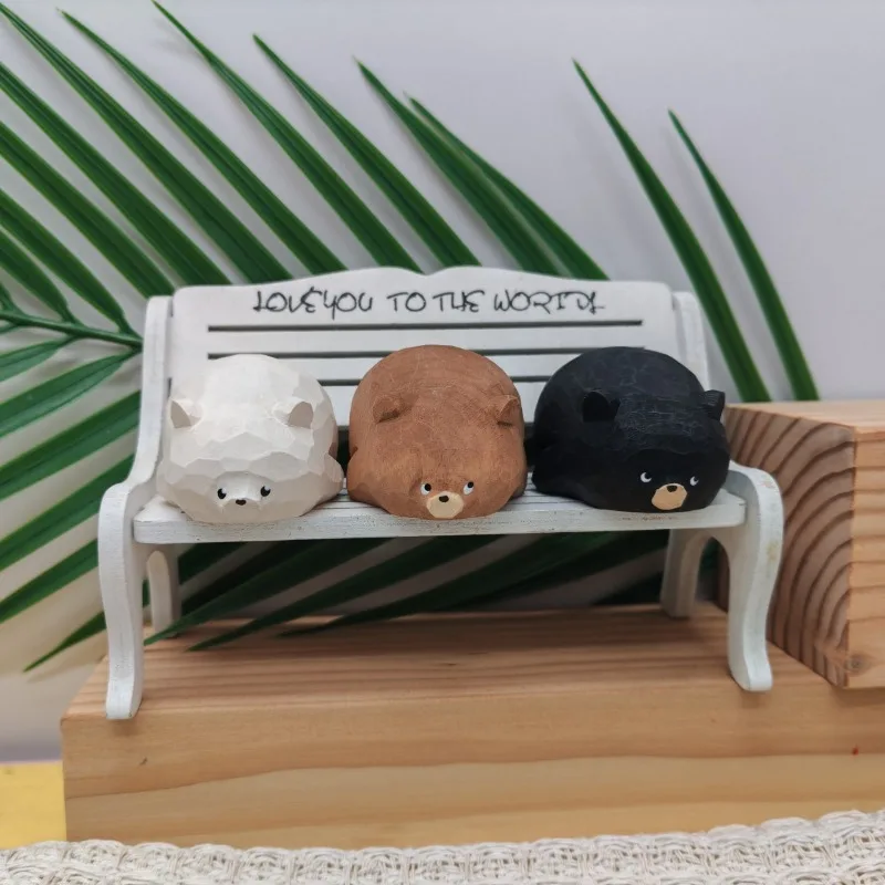 Hand Carved Wooden Lying Bear Figurine Cute Original Dashboard Desk Decor Adorable Car Home Ornament Handmade Animal Craft Gift