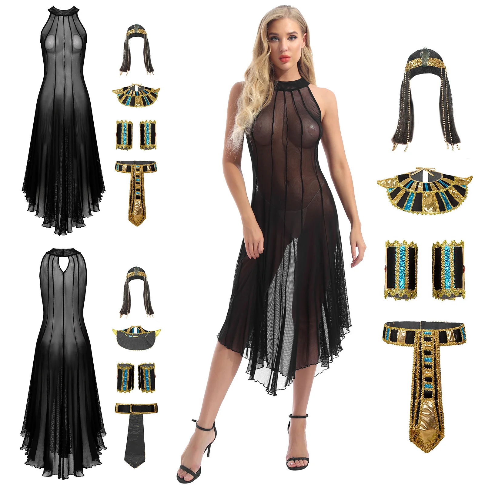 Womens Sexy Egyptian Queen Gothic Halloween Seethru Cosplay Dress Costume Classic Wig Headband Festival Party Concert Dressup