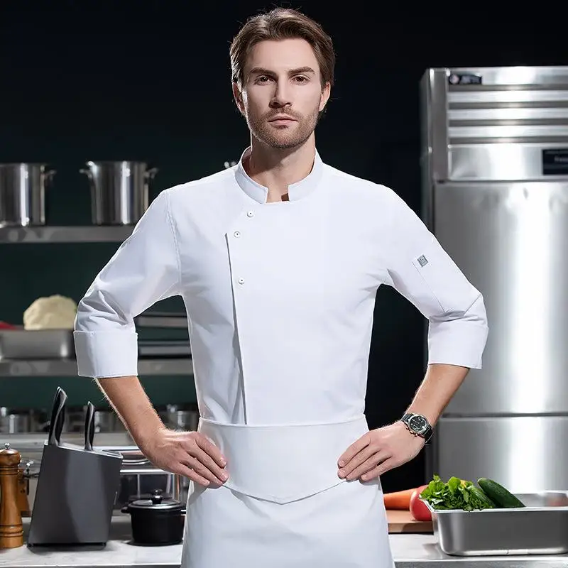 Elastic Cotton Chef Workwear Men Customized LOGO Restaurant Hotel Kitchen Long Sleeved Uniform Baking Cake Shop Erver Clothes
