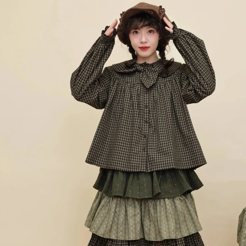 الأصلي الرجعية تصميم فتاة الأخضر الداكن منقوشة القوس طوق قميص نسائي 2025 الخريف جديد Y2k تنوعا Ruched قمصان فضفاضة السيدات #3