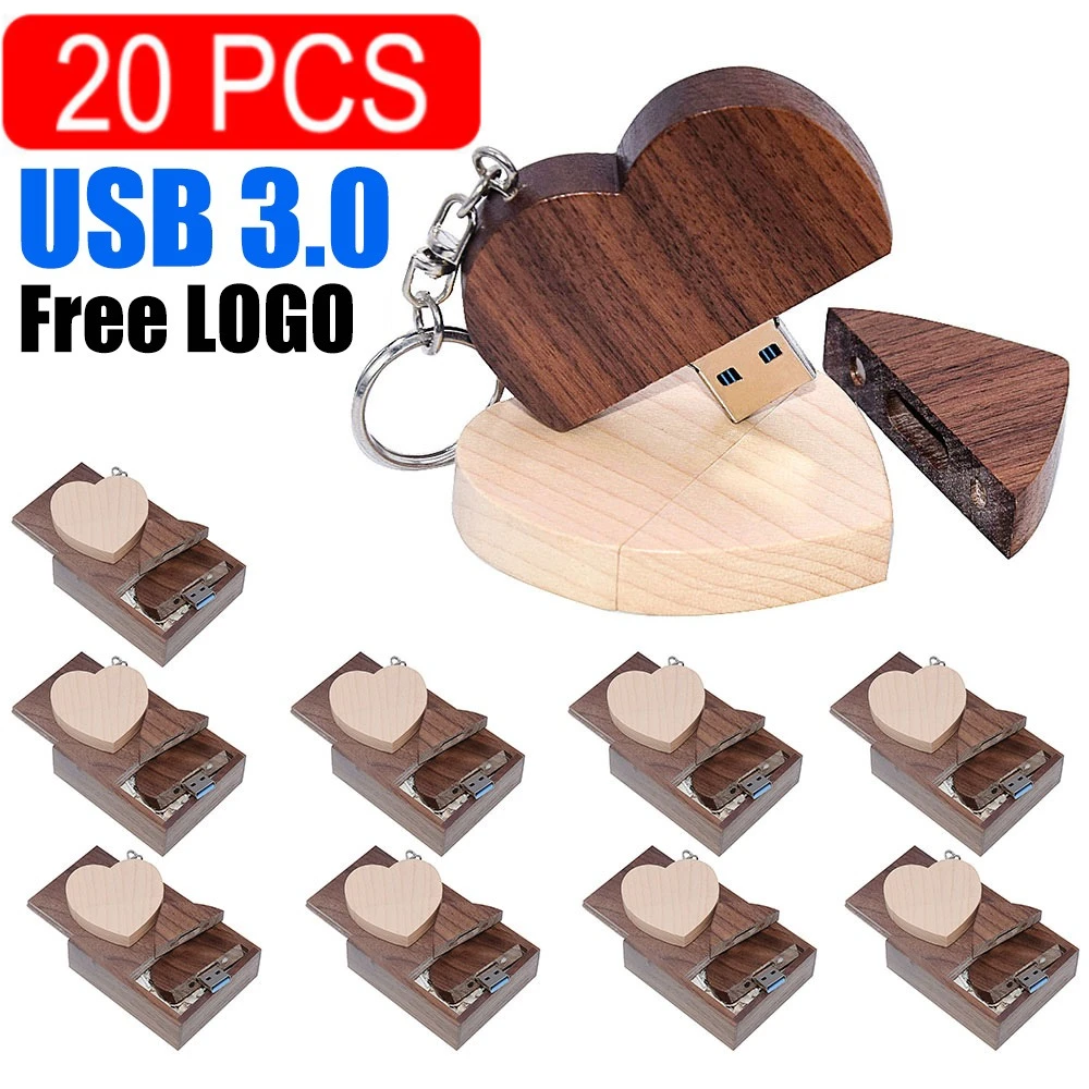 20pcs/lot Heart USB 3.0 Flash Drive 64GB Free Key Ring Wooden Pen Drives 32G Memory Stick Maple Creative Wedding Gift Free Logo