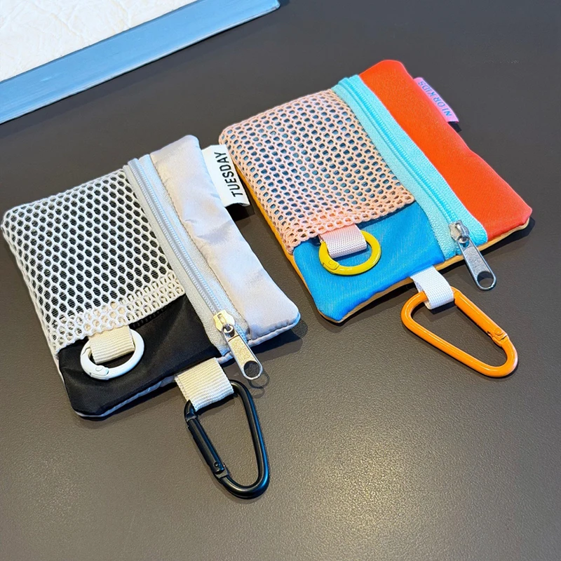 Color Block Mesh Zipper Coin Purse Portable Key Pouch With Carabiner Hook Mini Storage Bag Lightweight Small Wallet
