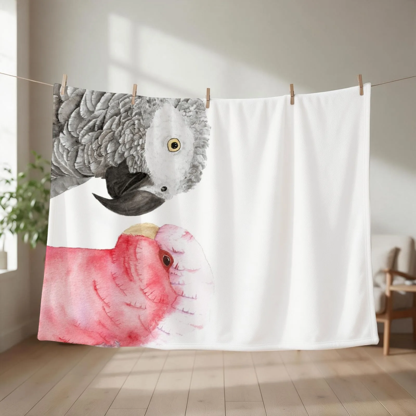 New African gray and pink cockatoo in watercolor Throw Blanket couch cozy soft plush fuzzy picnic outdoor blanket
