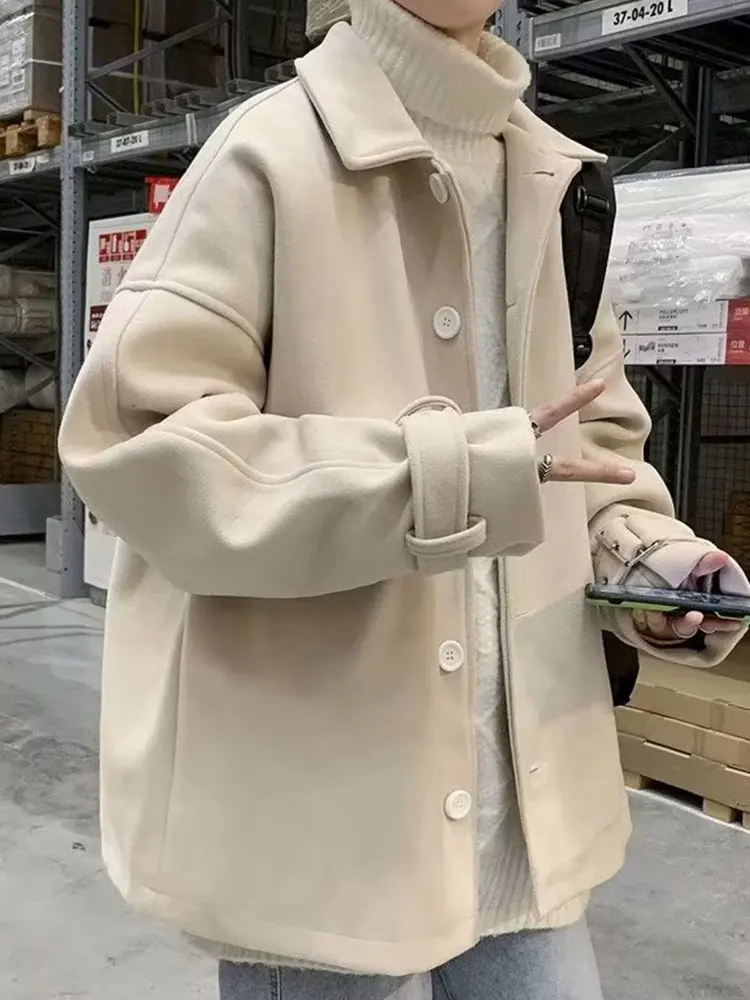 

Wool Blend Coat Men'S Clothing Mans Hood Personalized Batwing Flared Slouched Fleeced Satin Detachable Drawstring Bow Corduroy