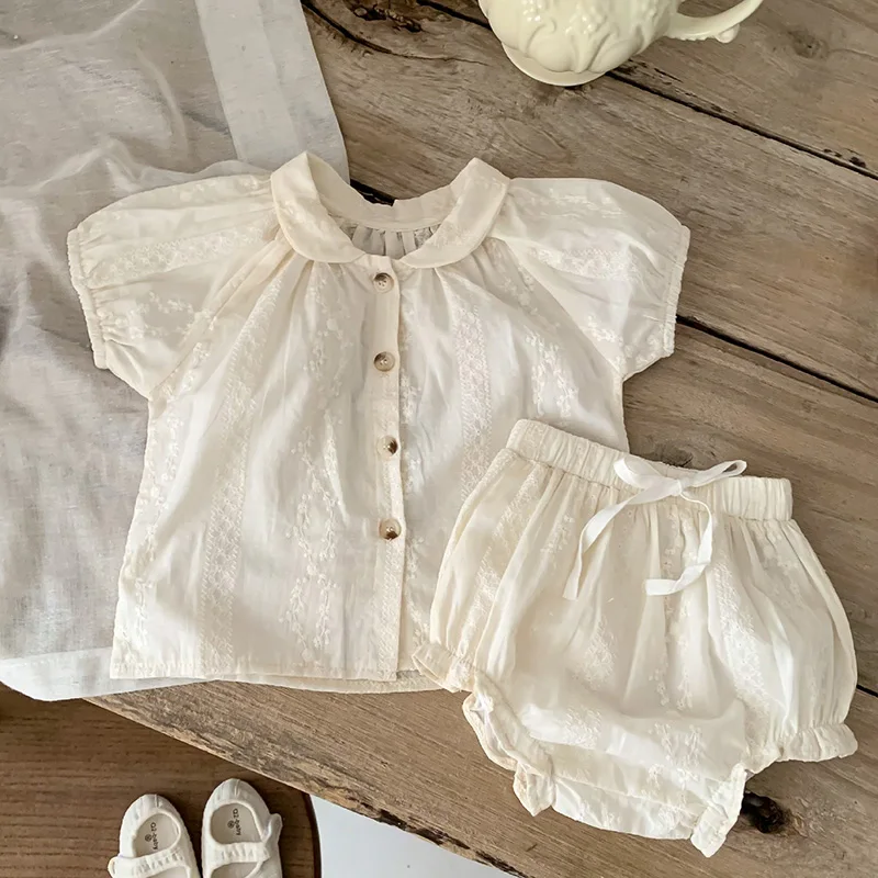 

2024 New Summer Korean Style Infant Baby Girls Clothing Set Short Sleeved Cotton Embroidered Shirt+PP Shorts Children Clothes