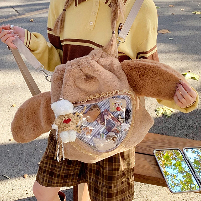 Ita Bag, Rucksack mit Klarsichtfenster, Damenmode-Plüsch-Umhängetasche mit Kordelzug, Leichte Schultasche mit großer Kapazität – Detail 12