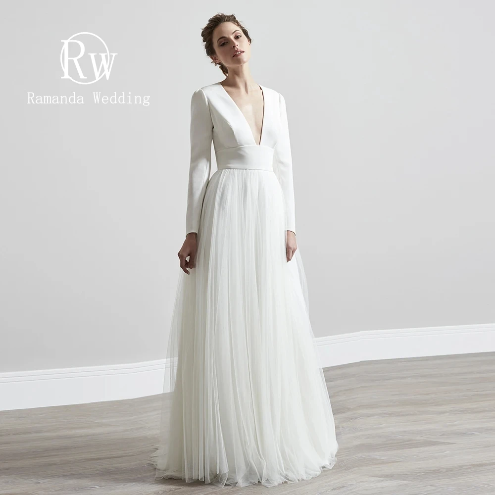 

Ramanda Simple V-Neck Tulle A-Line Wedding Dress For Bride Backless Long Sleeves Bridal Gown Spandex Vestido De Novia Customized