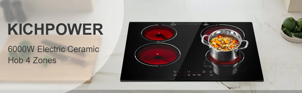 Eingebautes 4-Zonen-Keramikkochfeld 60 cm 6000 W Elektroherd mit Touch-Steuerung, Kompatibel mit Allen Kochgeschirrteilen, Timer, Kindersicherung, Restwärme-Warnung – Detail 1