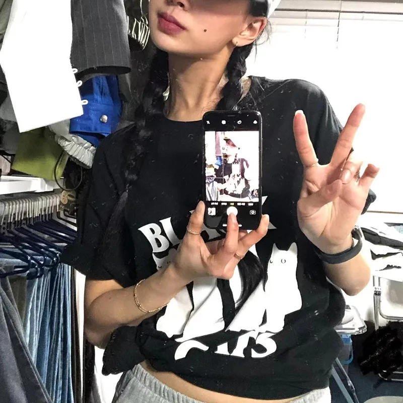 Karr233-T-shirt à Manches Courtes pour Femme, Streetwear Japonais, Mode Coréenne, Imprimé Chat, Grunge, Respiré, Kpop, Kawaii, Chic