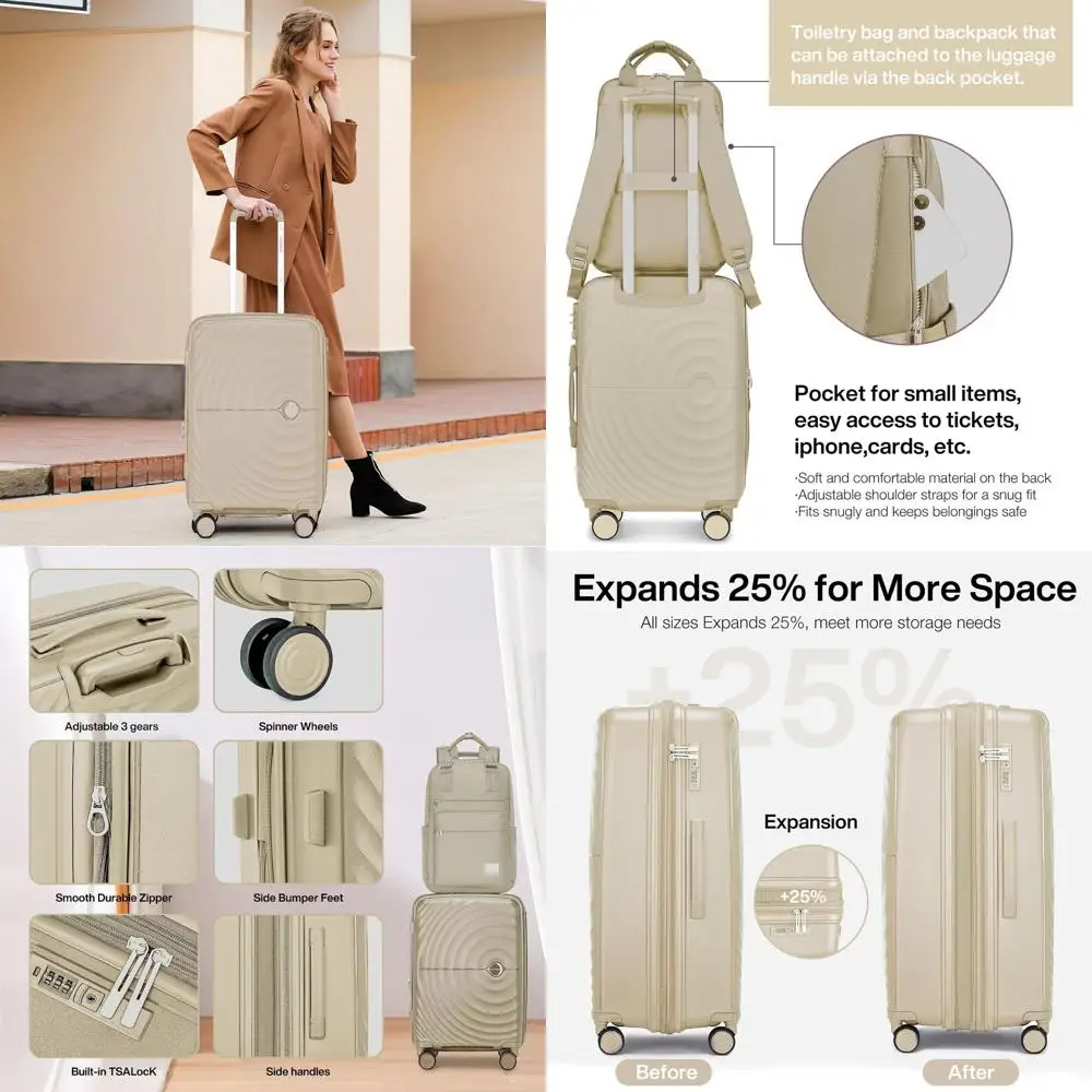 

Expandable 20 Luggage Set for Women - 3-Piece Lightweight Carry-On Suitcases, Champagne (20/BP/TB)