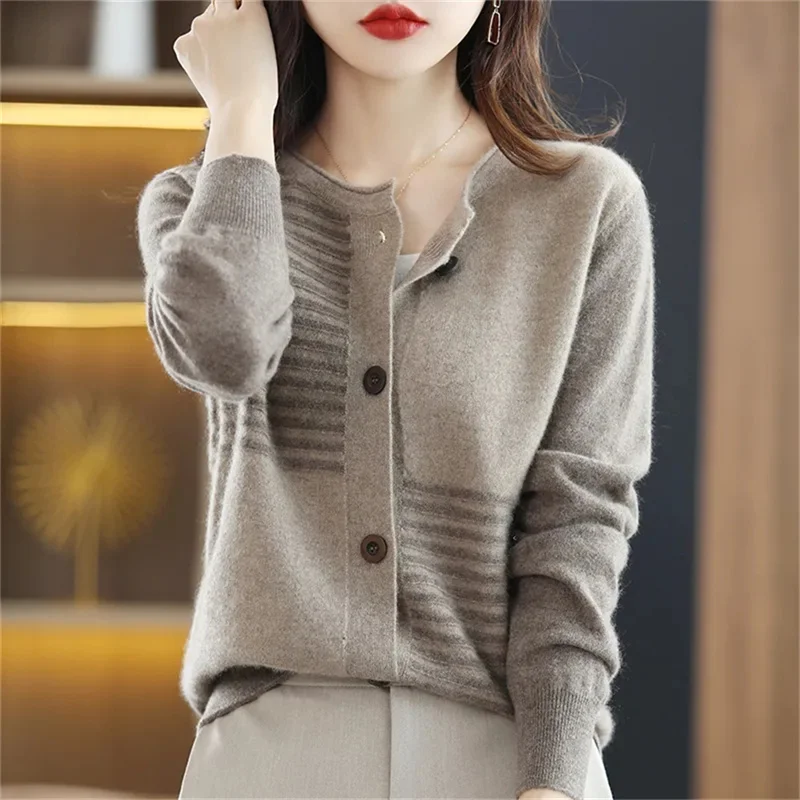 Fashion O-Necked Wool Cardigan For Women Spring Autumn New Color Blocking Long Sleeved Sweater Korean Loose Jacket Top Gray