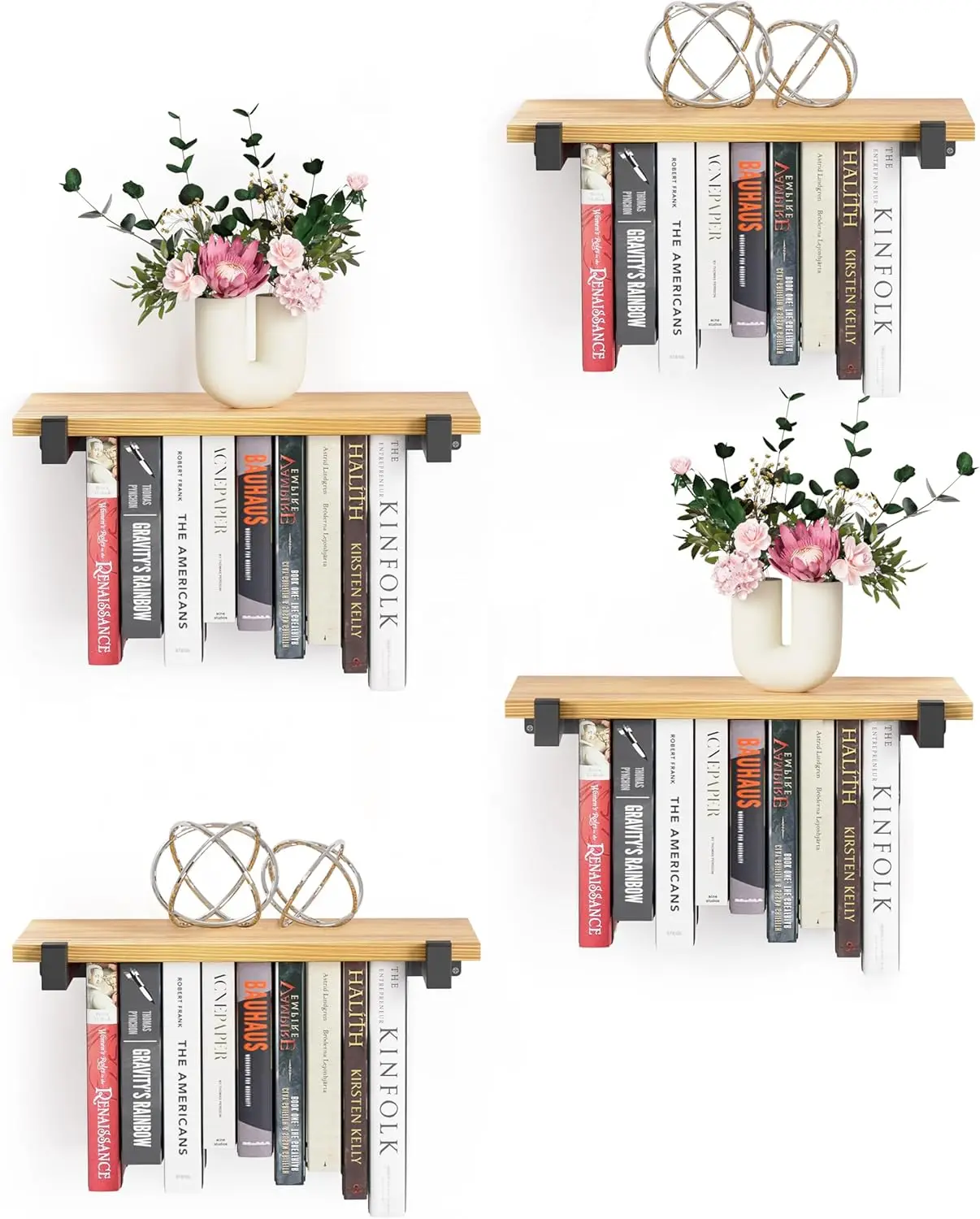 

4 Set Floating Bookshelf, Pine Wood Invisible Shelves, Wall Mounted Space Saving Bookcase 16.5x8.7x1.5 Inches