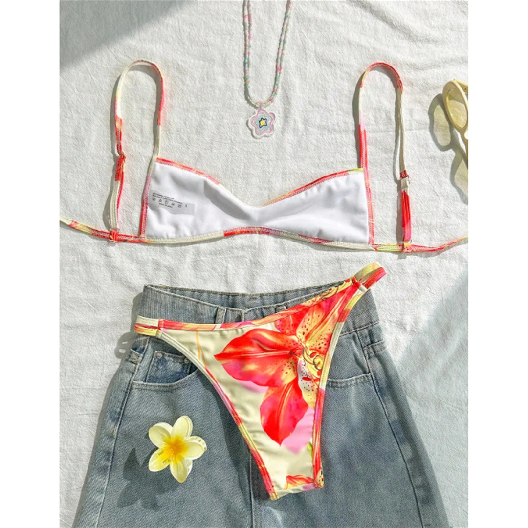 S - XL, Bikini mit Blumenmuster und hohem Beinausschnitt, Damen-Badebekleidung, zweiteiliges Bikini-Set, Badeanzug, Badebekleidung, Modell V7800. – Detail 6