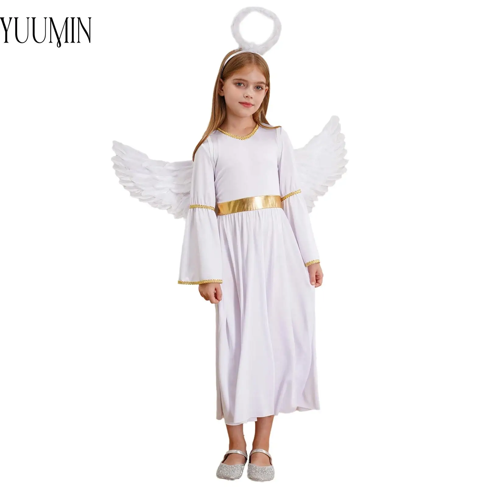 3Pcs Girls Angel Costume Angel Dress Long Sleeve Dress for Dance Performance Halloween Cosplay with Feather Hairband and Wings