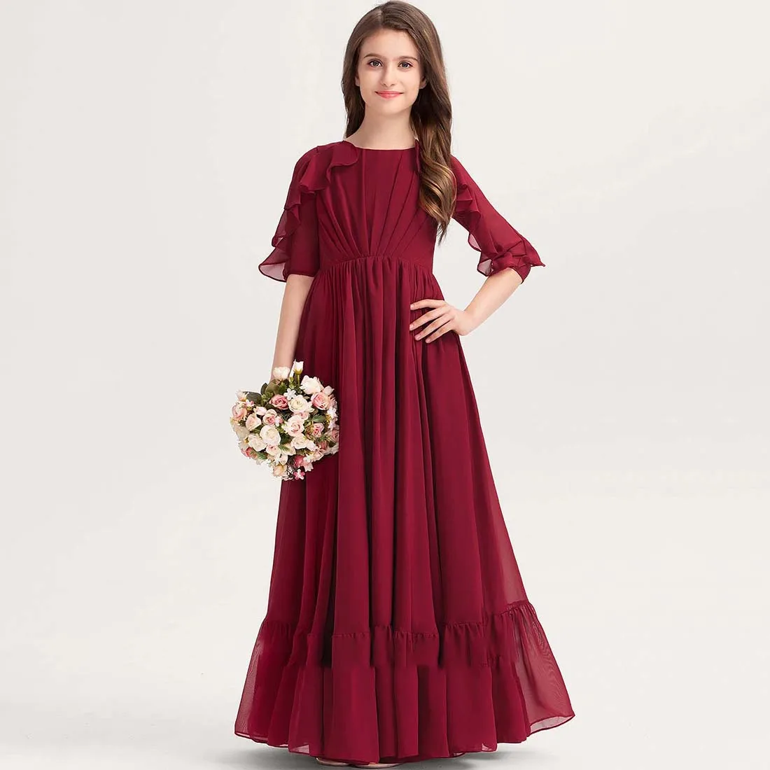 YZYmanualroom Chiffon Junior Bridesmaid Dress With Cascading RufflesA-line Scoop Floor-Length 2-15T