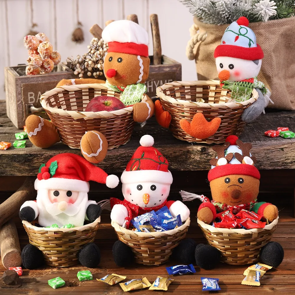 Decoración navideña, alce, muñeco de nieve, Papá Noel, cesta de frutas, cesta de mimbre para dulces de Navidad, regalo para niños, cesta de almacenamiento para el hogar