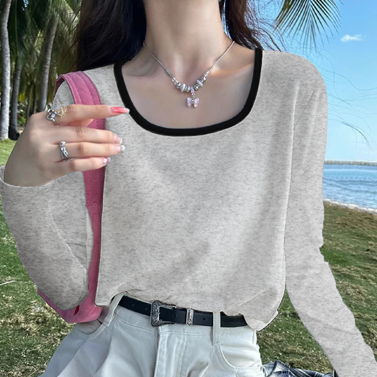 Color Block Long Sleeve T-Shirt Women's Spring Autumn American Retro Base Shirt Inner Wear Top Outerwear Square Collar