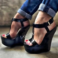 ZHIMA Women Sandals Platform Wedges Open Toe Shiny Ankle Strap High Heels Pump Ladies Handmade Shoes Woman Big Size 39 42 45 47