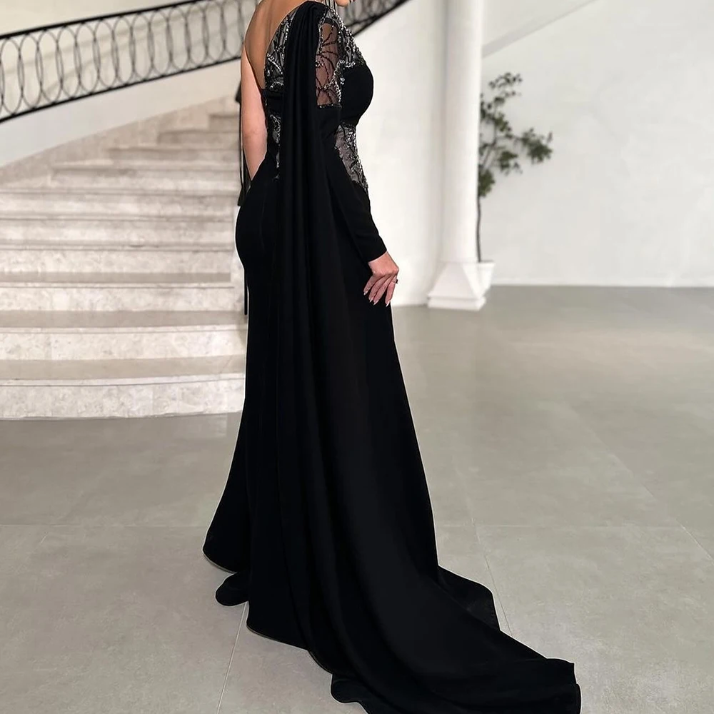 Fashion Jersey Straight One Shoulder Crystal Evening Dress Long Sleeves Floor Length Watteau Train Black Bespoke Occasion Gowns