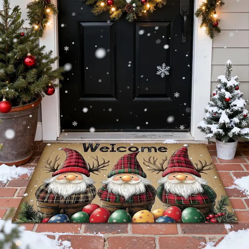 VIKAMA Gnome Welcome Doormat, Christmas Gnomes with Antlers Door Mat, Plaid Hat Welcome Mat for Entryway, Holiday Home Decor