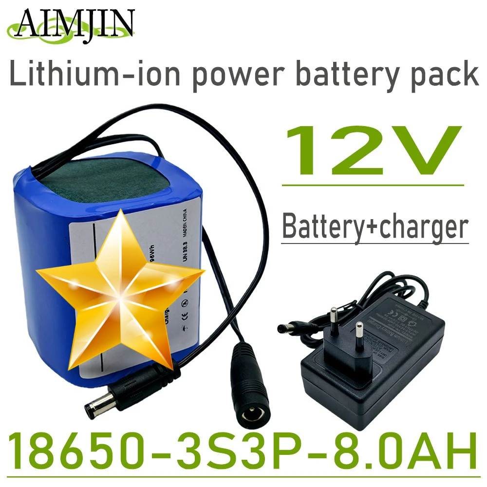 

18650 3S3P 12V 8000mAh Li-ion Battery Pack with BMS,Ultra Large Capacity, Rechargeable Battery, 12.6V DC, 2A Charger