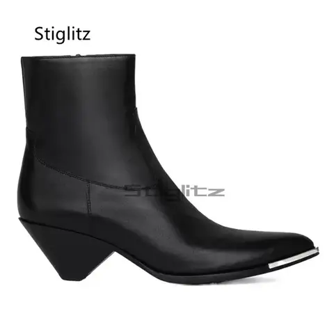 5Cm High Heels Chelsea Boots for Men Pointed Toe Side Zip Retro