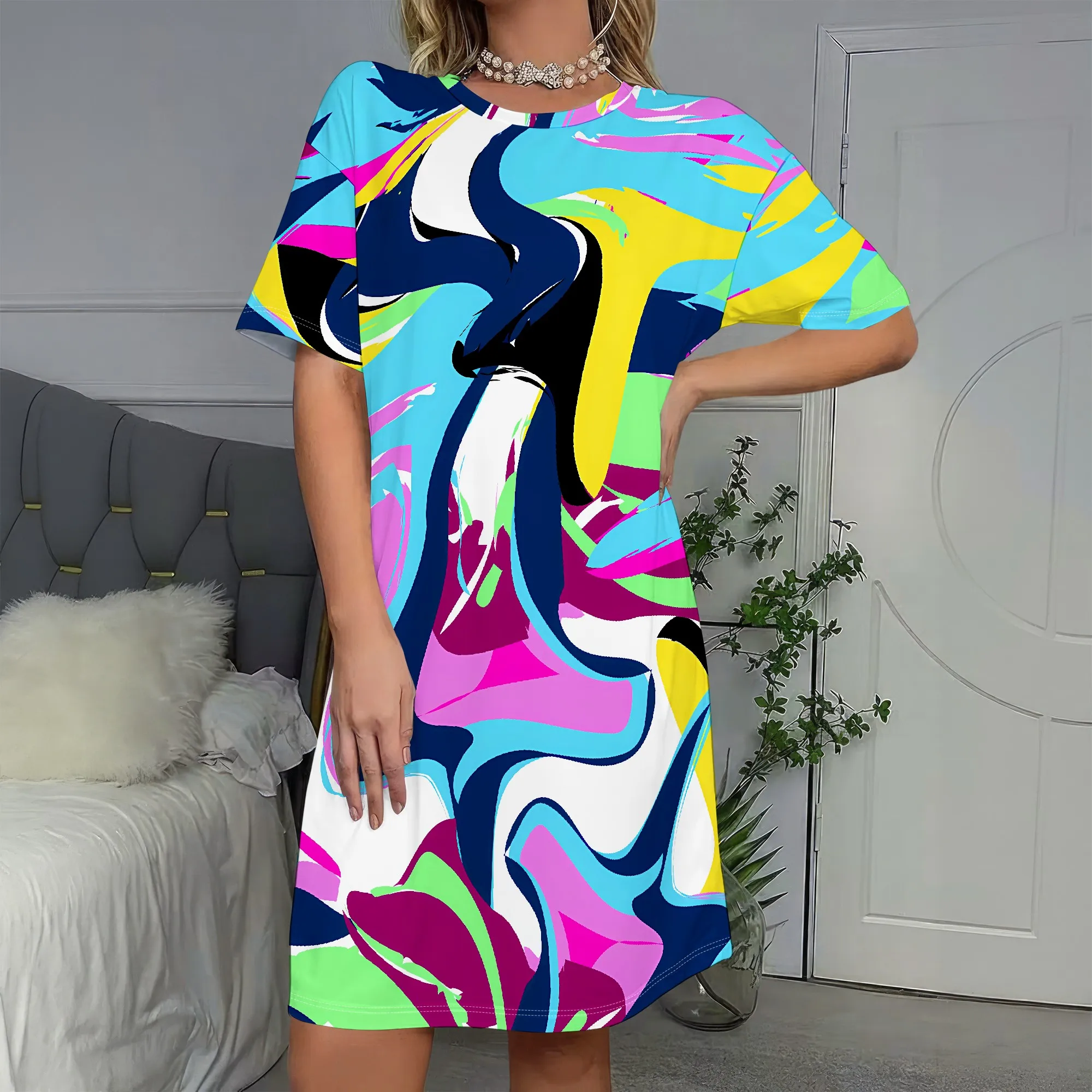 

Abstract Print, Short Sleeve Dress, Colorful Pattern, Loose Fit, Casual Wear, Summer Beach Outfit, S-2XL