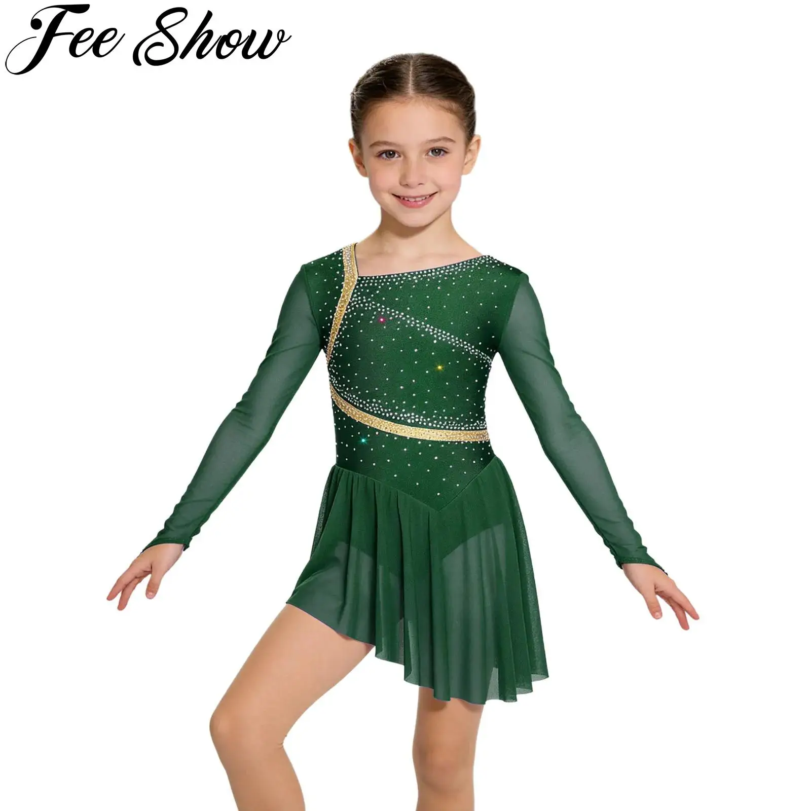 Kids Girls Lyrical Dance Figure Skating Performance Costume Mesh Long Sleeves Shiny Rhinestone Dress Ballet Gymnastics Leotards