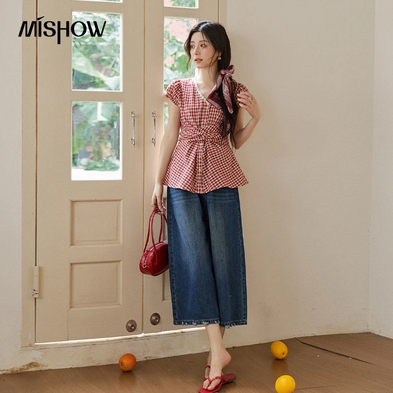 MISHOW Women's Lace V-neck Puff Sleeves Plaid Blouses 2026 Summer Fashion Button Belt Waist Tops Female Clothing MXE36X1814 view 6
