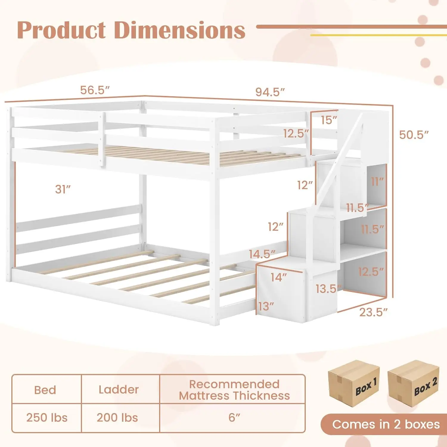 Giantex Full Over Full Bunk Bed with Stairs, Solid Wood Floor Bunk Bed with Storage Staircase & Full-Length Guardrails, Low Bunk