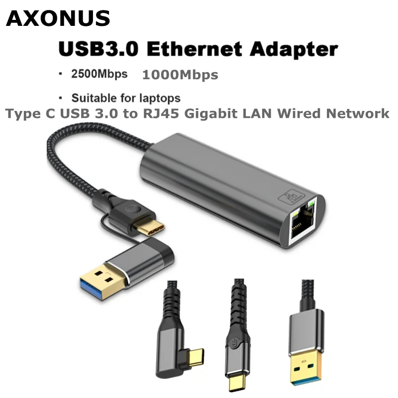 Ethernet Adapter, RJ45 Female Drive Free Converter 2-in-1 USB Type-C Network Card, 2.5G 1000M Gigabit Wired Network Card,