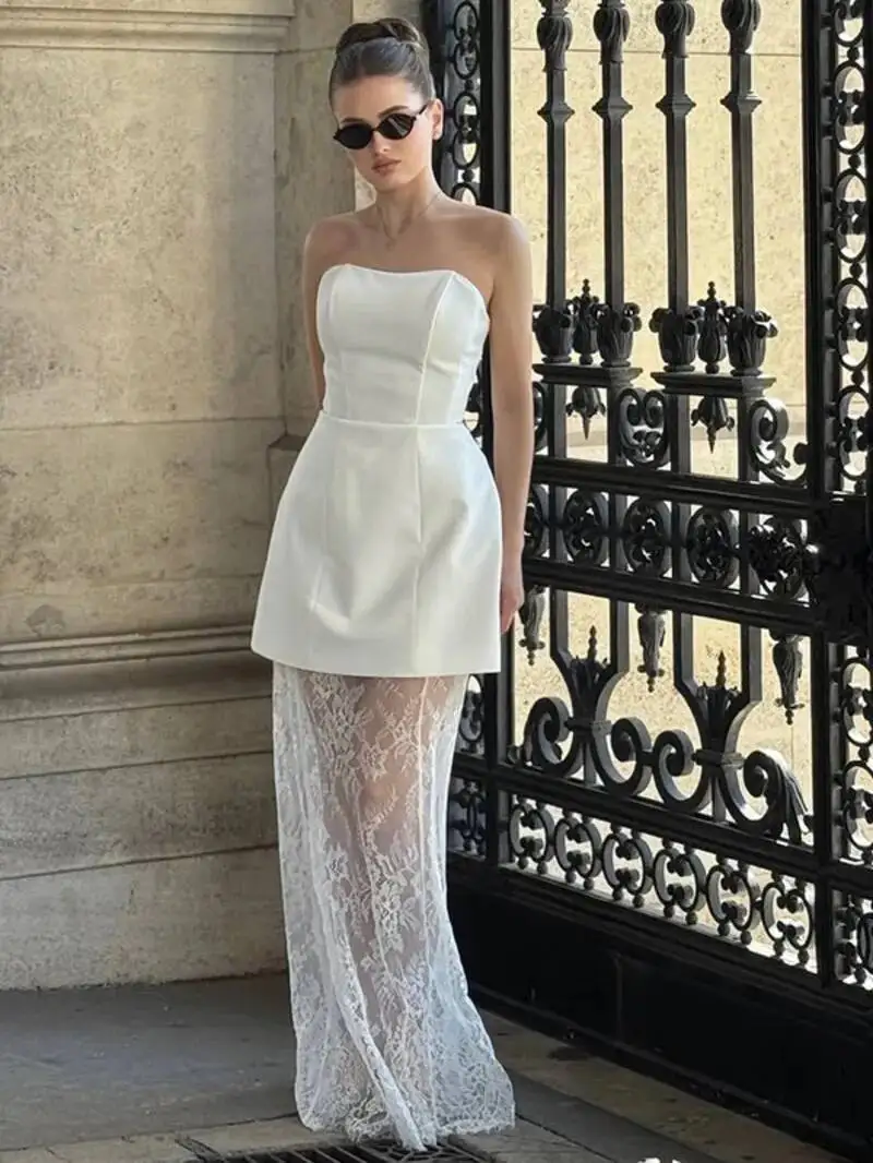 

Комплекты кружевных платьев без бретелек, женский элегантный сексуальный жилет на бретелях, длинная юбка с высокой талией, женский тонкий банкетный комплект из 2 предметов