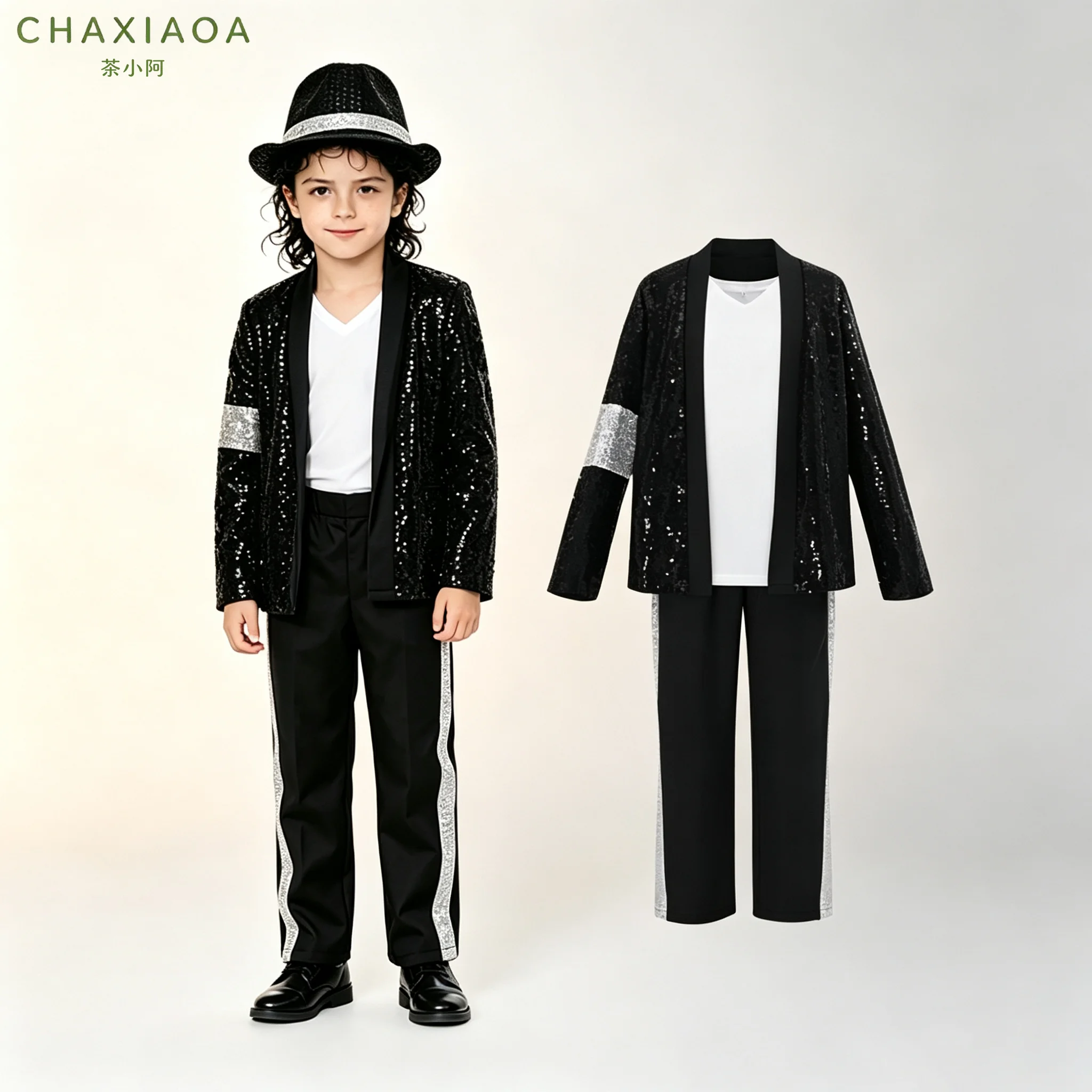 Michael Jackson Cosplay-Kostüm für Kinder und Erwachsene Schwarzes Pailletten-Jacken-Hosen-Set MJ Billie Jean Bühnenauftritt Faschingskostüm