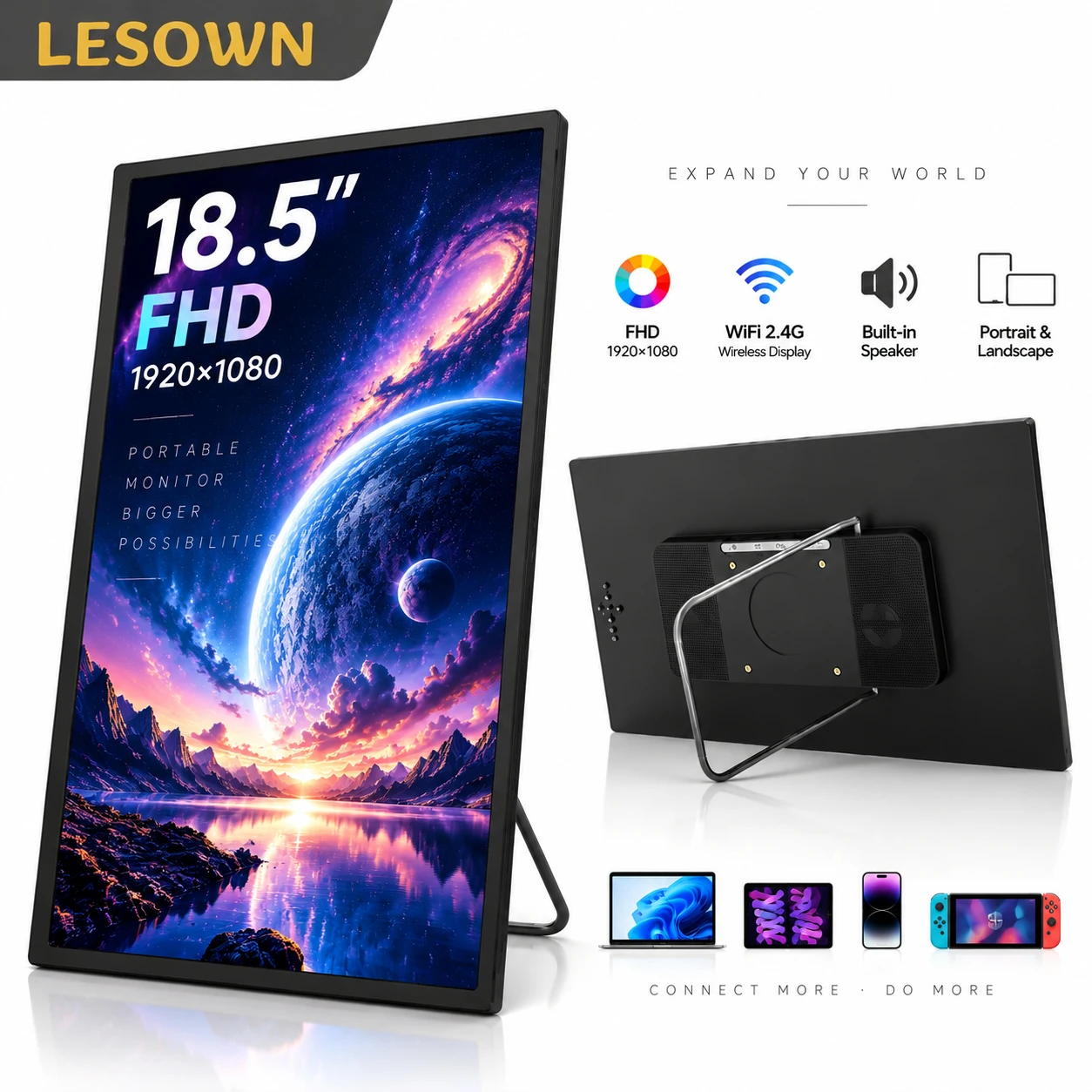 LESOWN 18.5 Inch Portable Monitor 1080P LCD Display Wireless Screen Mirroring AirPlay Miracast Type-C HDTV Second Screen VESA