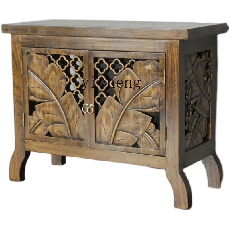 Yy Furniture Solid Wood Carved Bathroom Cabinet Elm Thai Wall Edge Curio Cabinet Entrance Cabinet