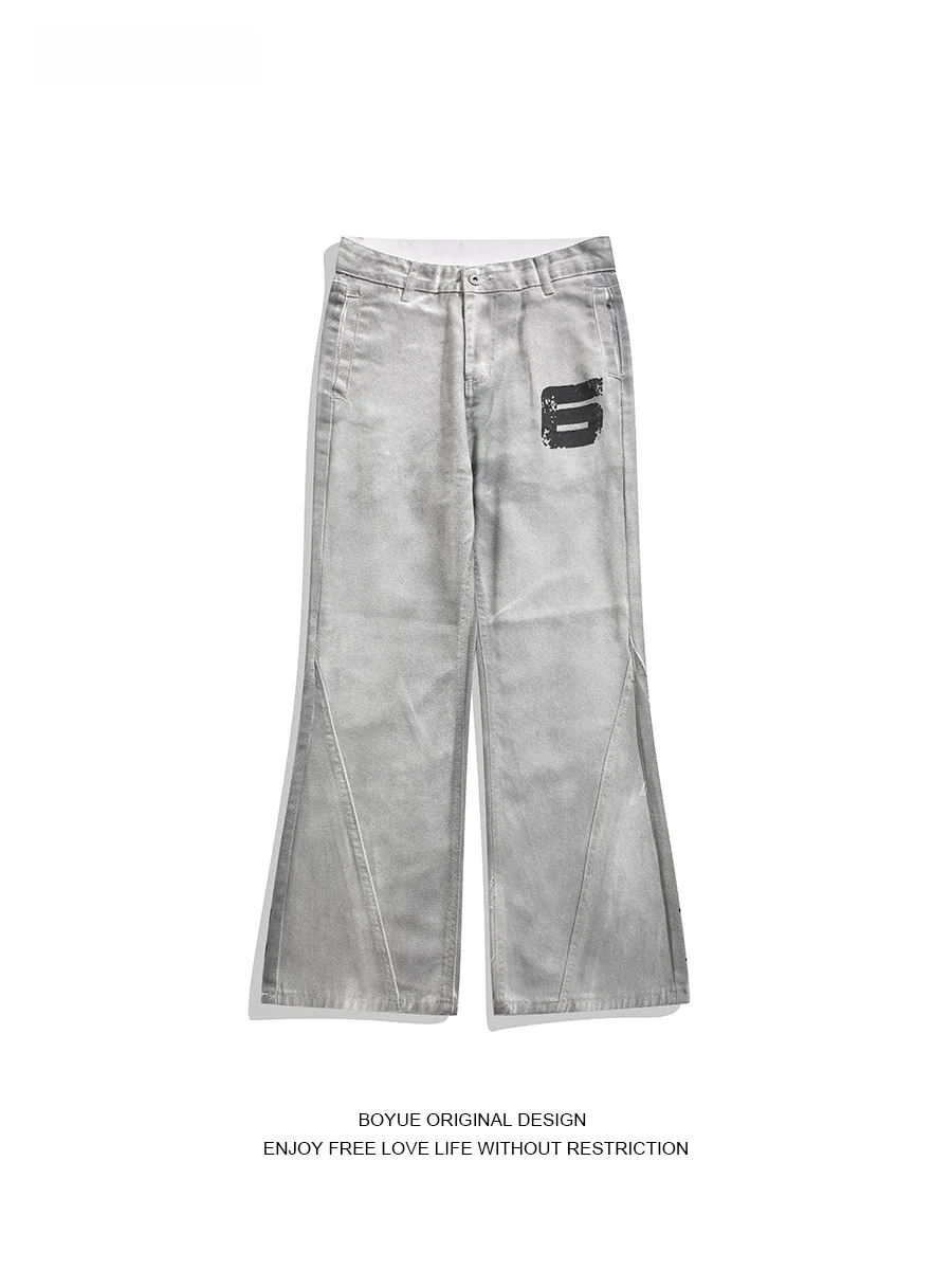 

Мужские джинсы Boyue American Sle с эффектом каленой ткани, расклешенные, с принтом, в уличном стиле, широкие штанины, повседневные, из смесового хлопка и полиэстера